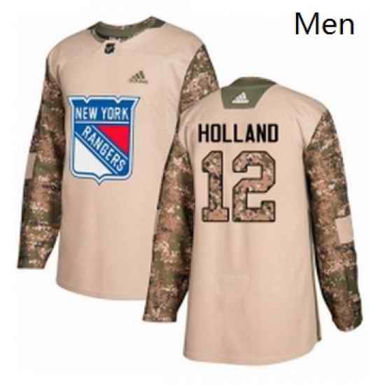 Mens Adidas New York Rangers 12 Peter Holland Authentic Camo Veterans Day Practice NHL Jersey